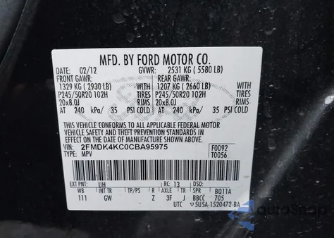 2012 Ford Edge Limited from USA, damaged, VIN 2FMDK4KC0CBA95975